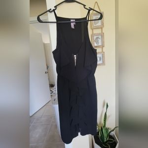 Alya Ruffled Front with Gold Zipper, Black Cocktail Halter Dress, M